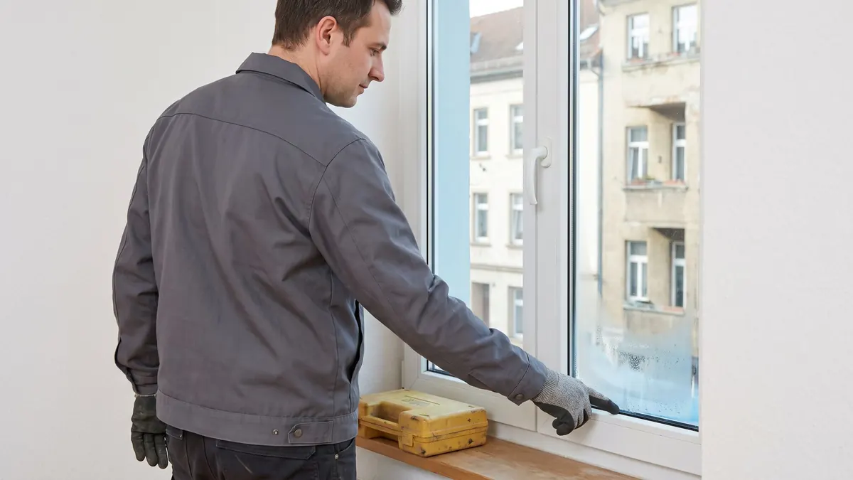 Glaser zeigt auf eine beschlagene Isolierglasscheibe im Schlafzimmer
