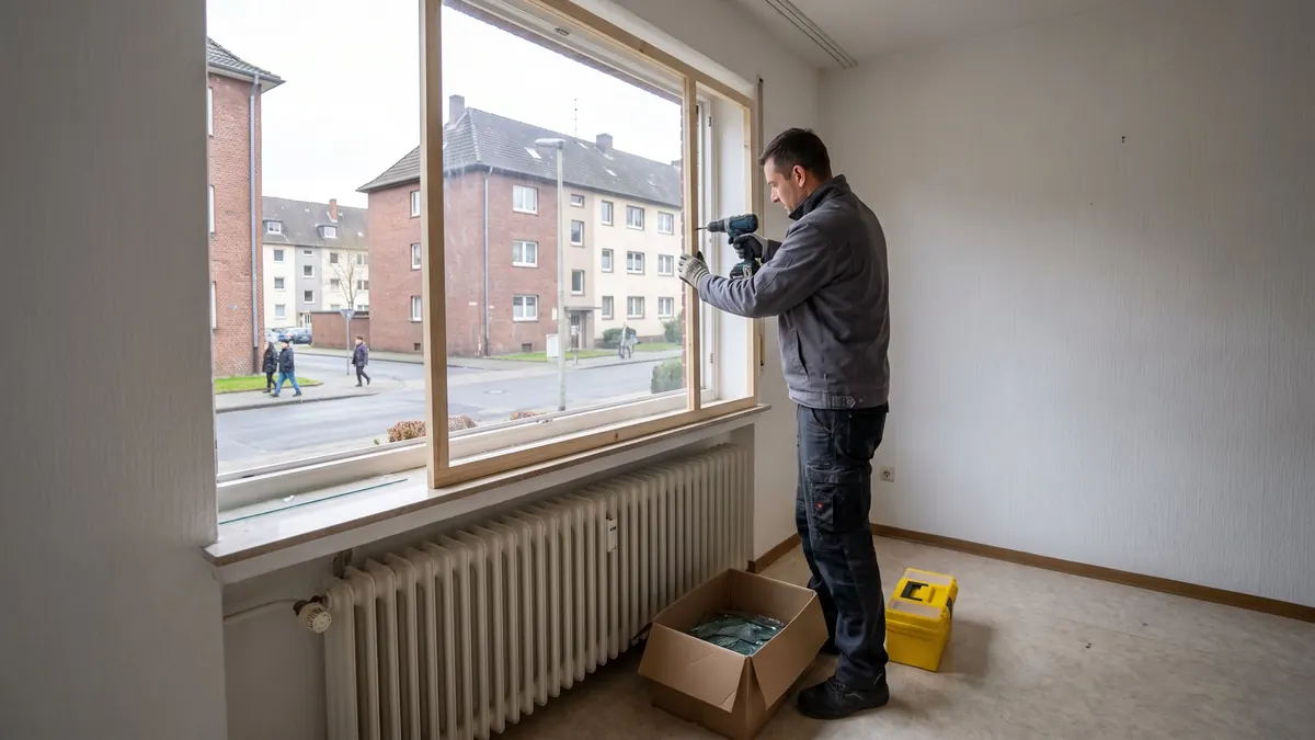 Glaser baut eine Notverglasung am Fensterrahmen ein, die Scherben liegen im Karton