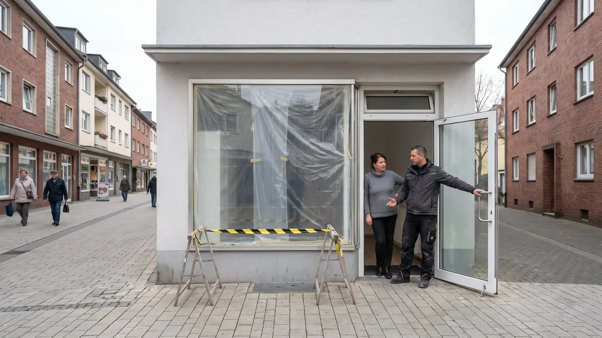 Gesichertes Schaufenster eines kleinen Ladens mit Absperrung auf dem Gehweg