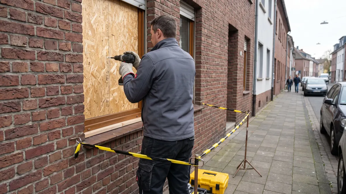 Fenster im Erdgeschoss mit einer verschraubten Holzplatte verschlossen