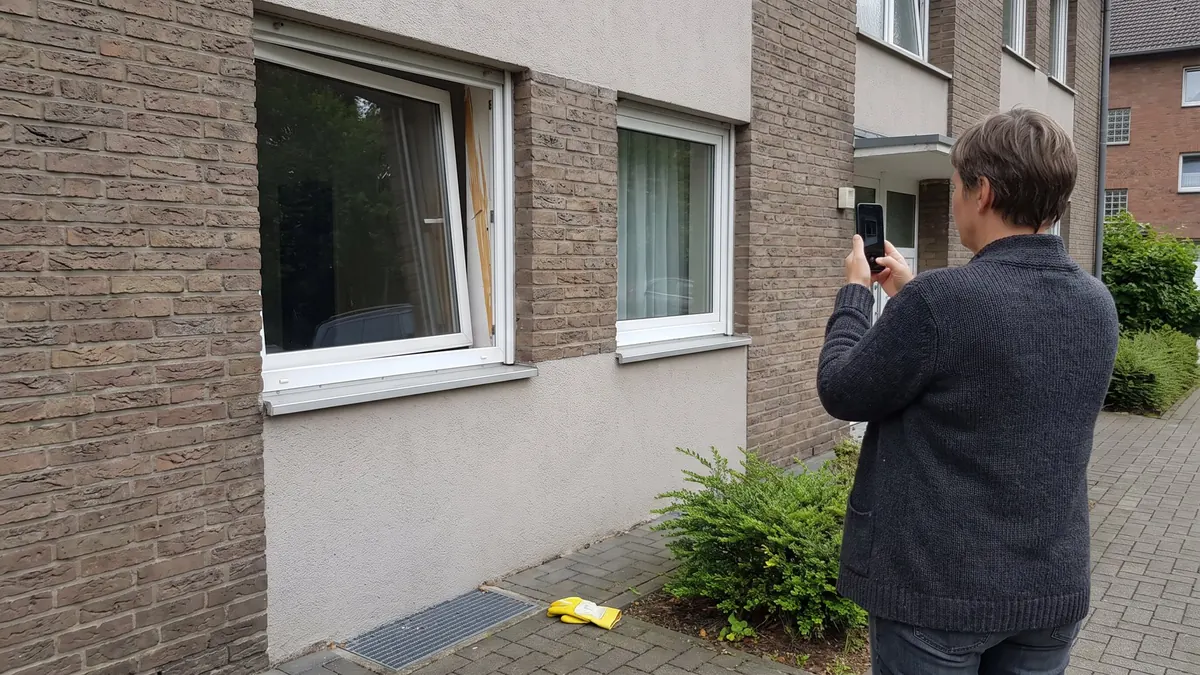 Bewohnerin fotografiert Hebelspuren am Fenster nach einem Einbruch