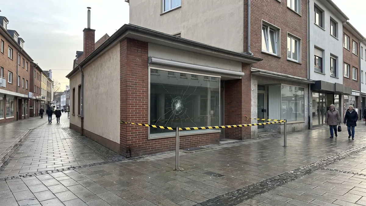 Zersprungenes Schaufenster, davor ist der Gehweg mit Warnband abgesperrt