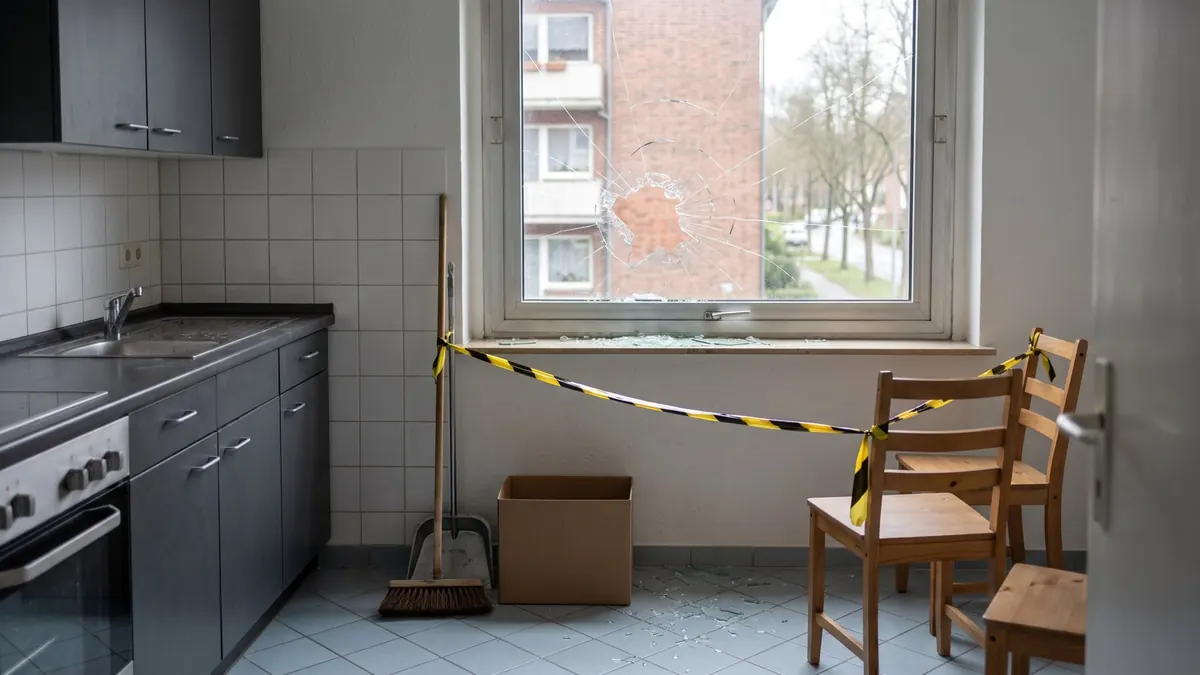 Eingeschlagene Küchenscheibe mit Scherben, Kehrschaufel und Karton bereit