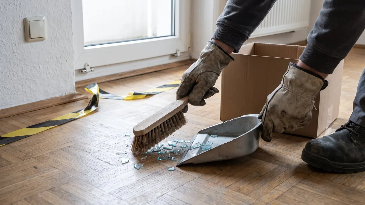 Hände in Arbeitshandschuhen kehren Glassplitter vom Holzboden