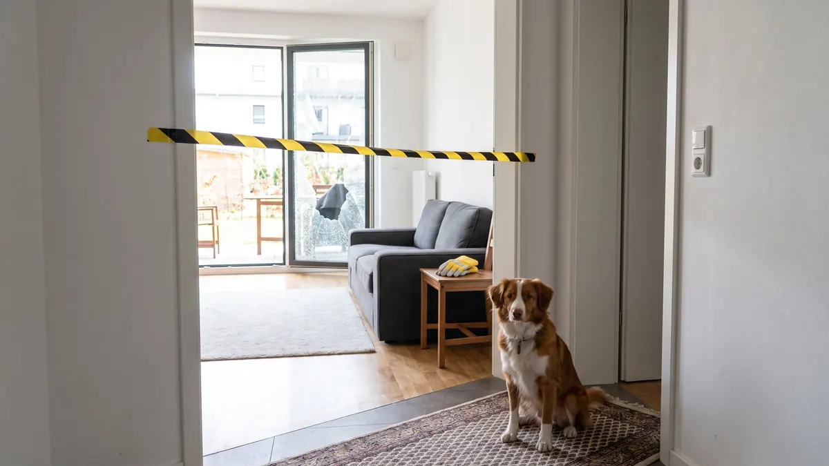 Wohnzimmer mit kaputter Terrassentür mit Warnband abgetrennt, der Hund bleibt im Flur