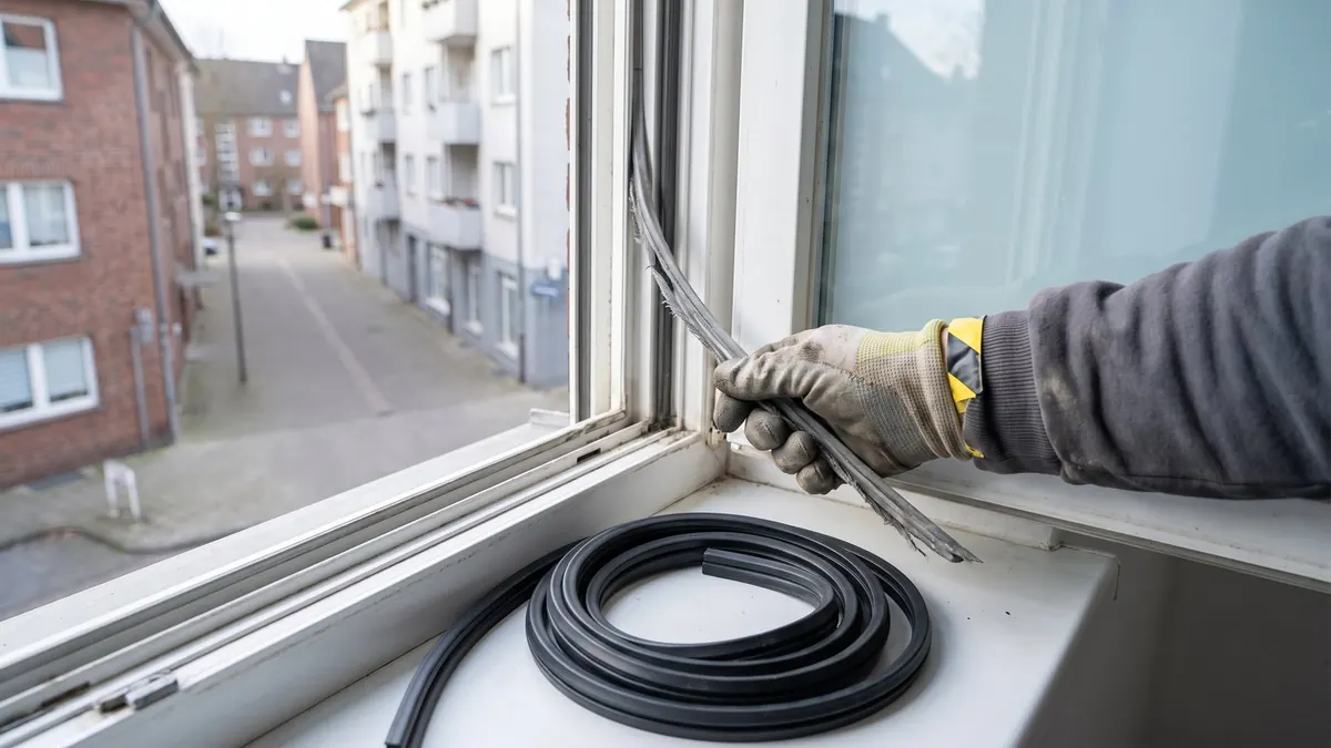 Alte Fensterdichtung wird aus der Nut gezogen