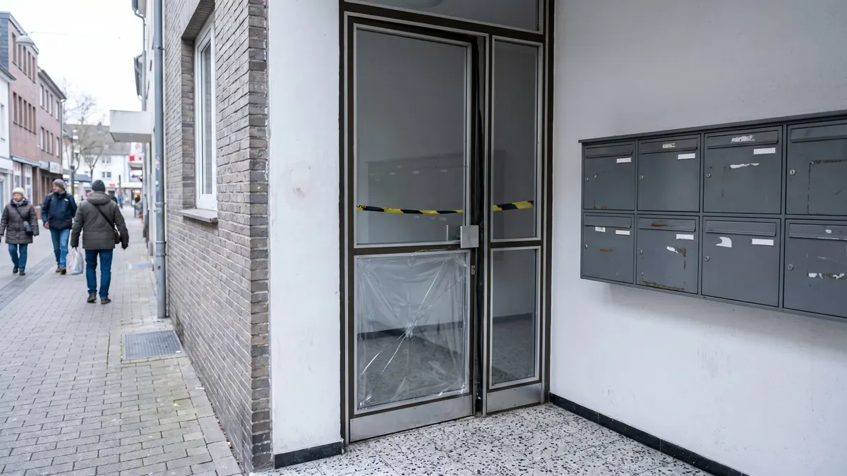 Gesicherte Haustür eines Mehrfamilienhauses mit Folie vor der unteren Scheibe