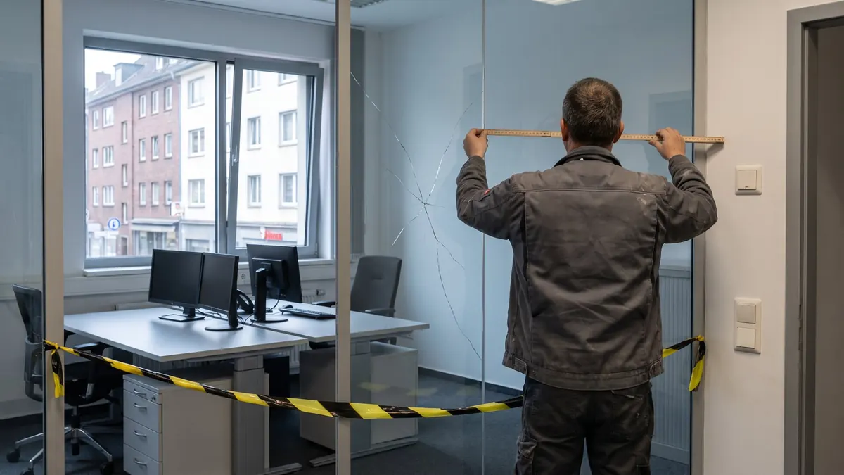 Glaser misst eine beschädigte Glaswand im Büro aus