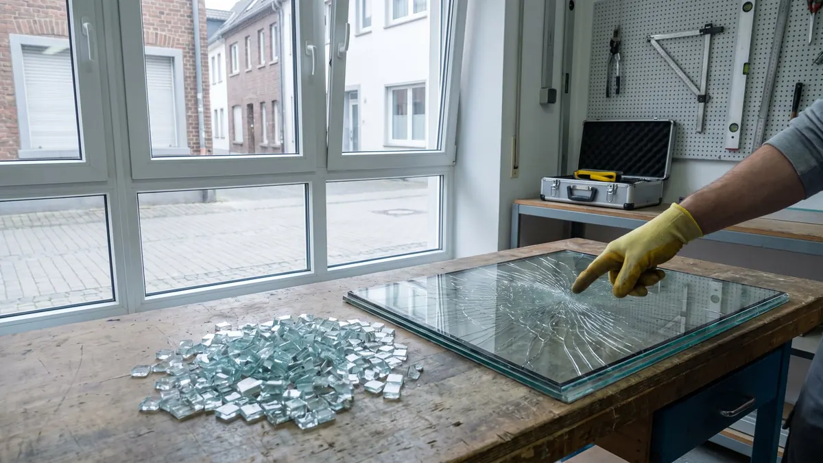 Bruchbild von Einscheiben- und Verbundsicherheitsglas nebeneinander