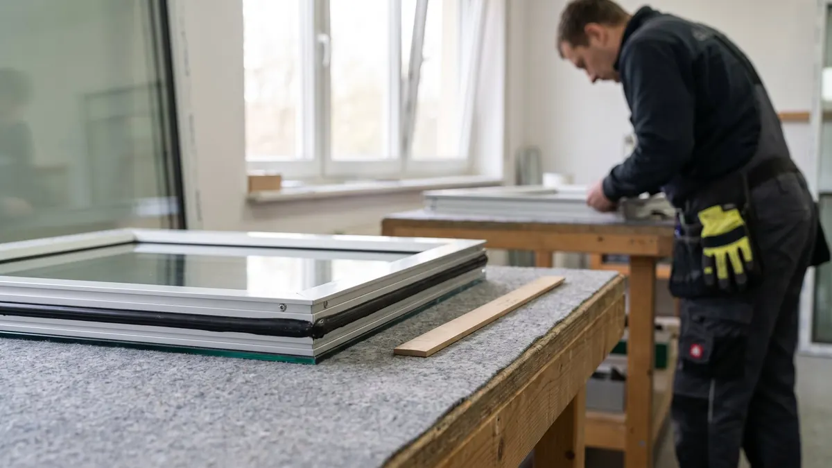 Fensterflügel mit Isolierglasscheibe auf der Werkbank einer Glaserei