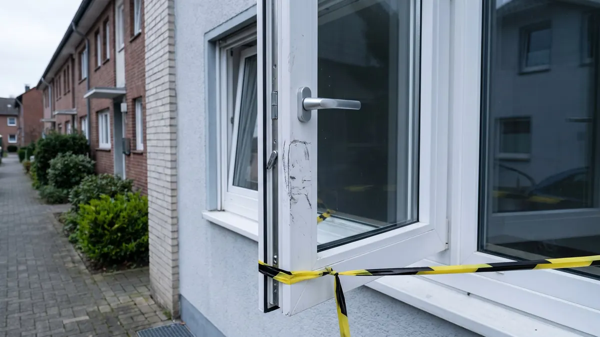 Hebelspuren am Fensterrahmen, dahinter ein abschließbarer Griff
