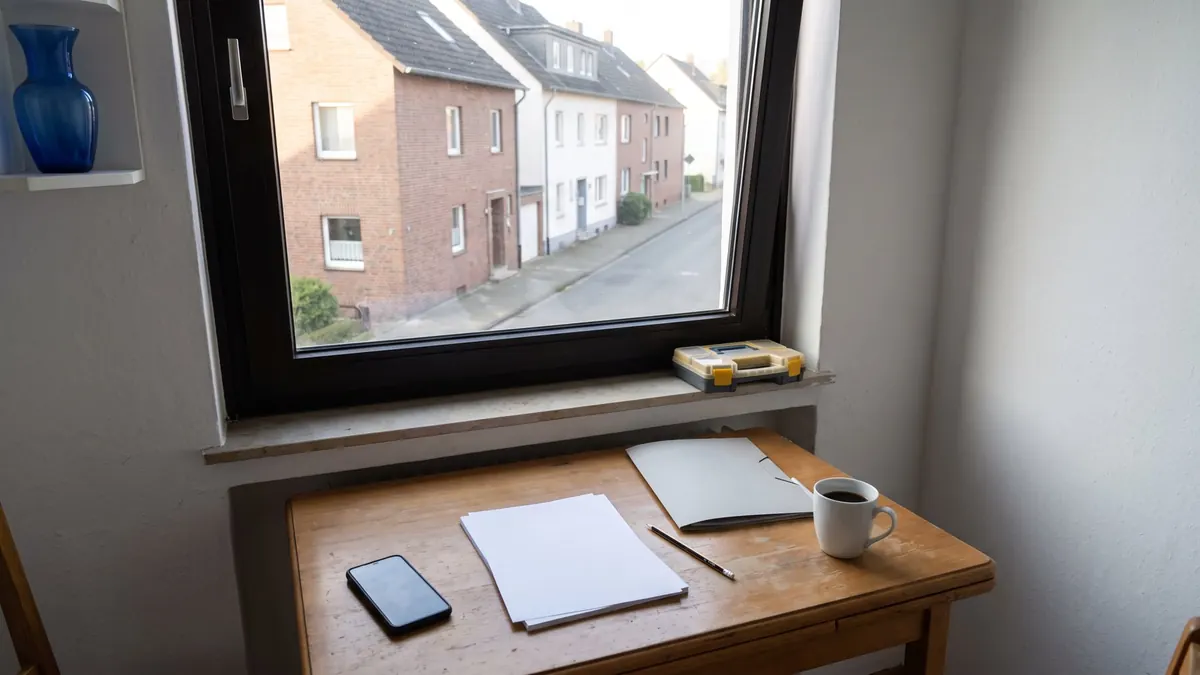 Smartphone, Notizblock und Mappe auf dem Küchentisch nach einem Einbruch
